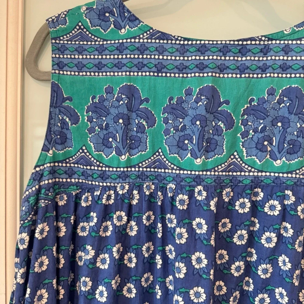 La Cera 100% Cotton Floral Print Sleeveless Midi Dress Blue and Green Size XLP